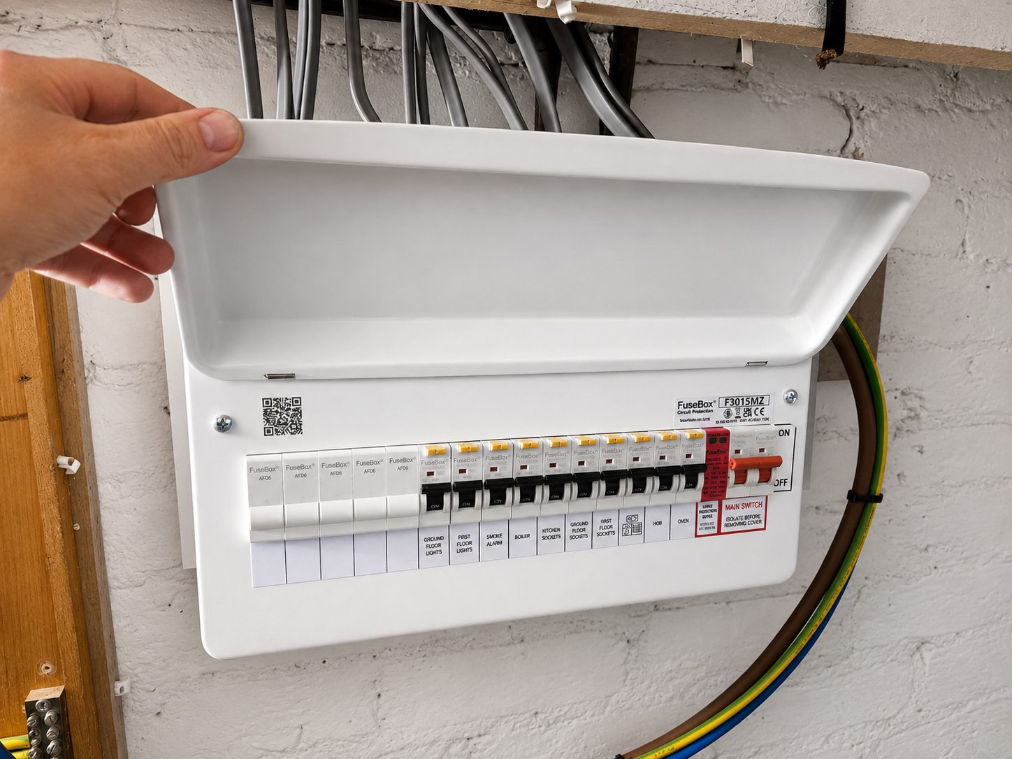 Overhead socket and connector block wired into a ceiling void