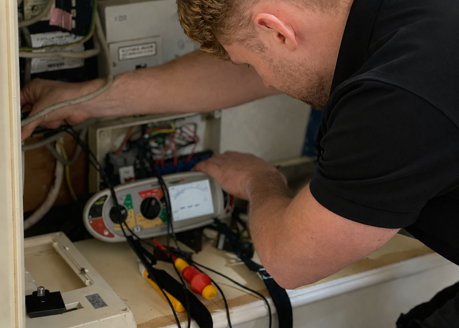 Electrician checking a ceiling light fitting