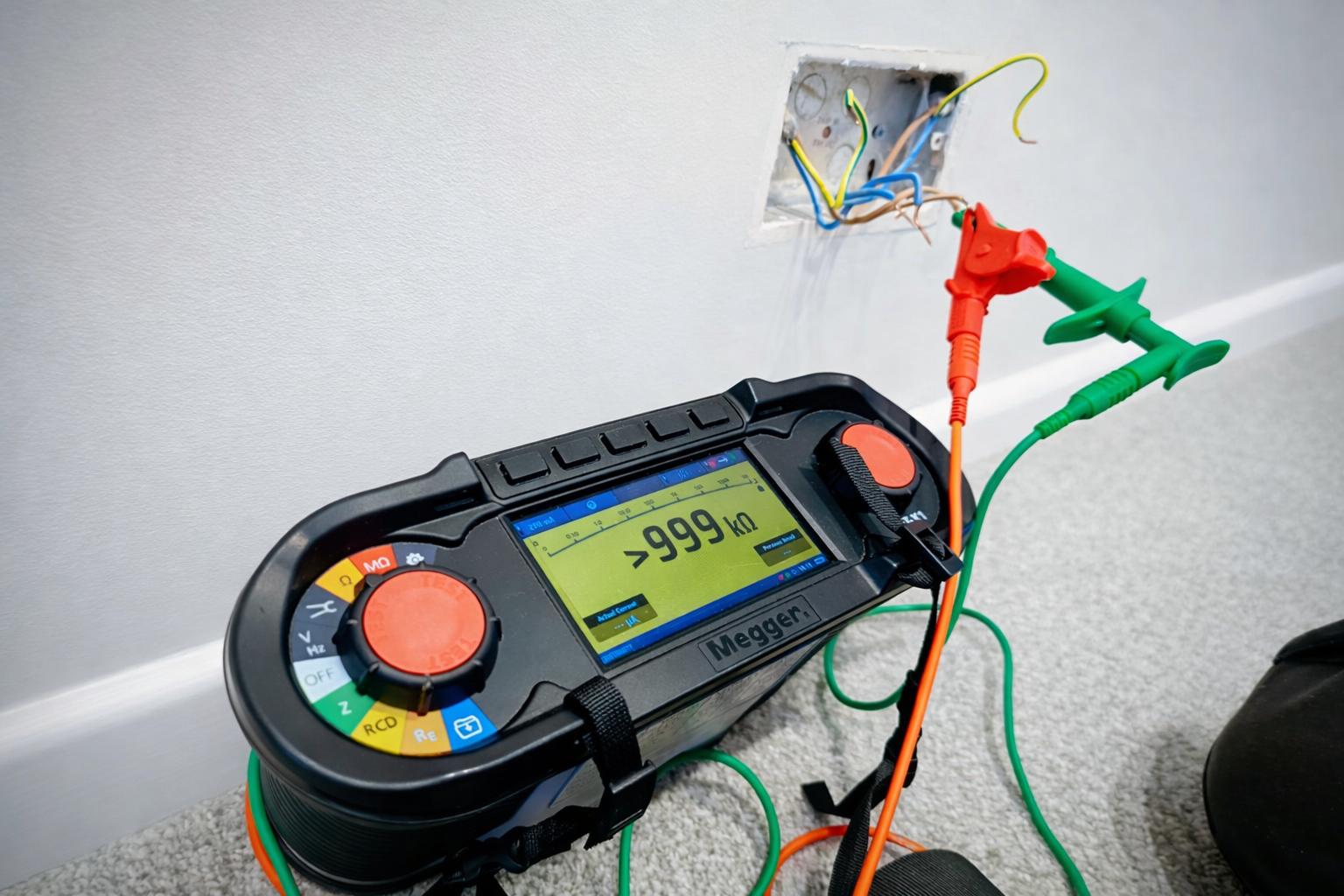 Electrician using a head torch to inspect a consumer unit after dark